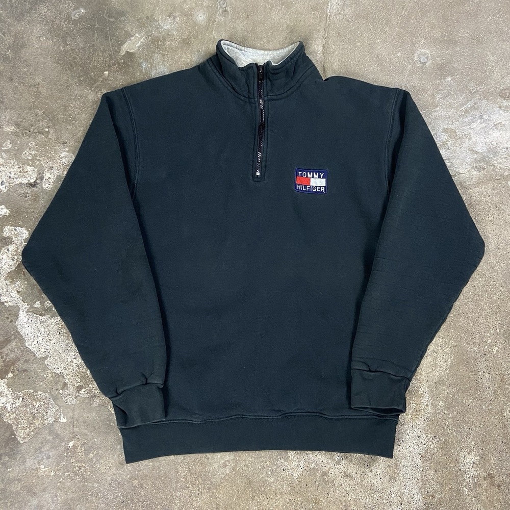 Vintage 90s Tommy Hilfiger 1/4 Zip Sweatshirt Size Large Black Fleece Flag Logo